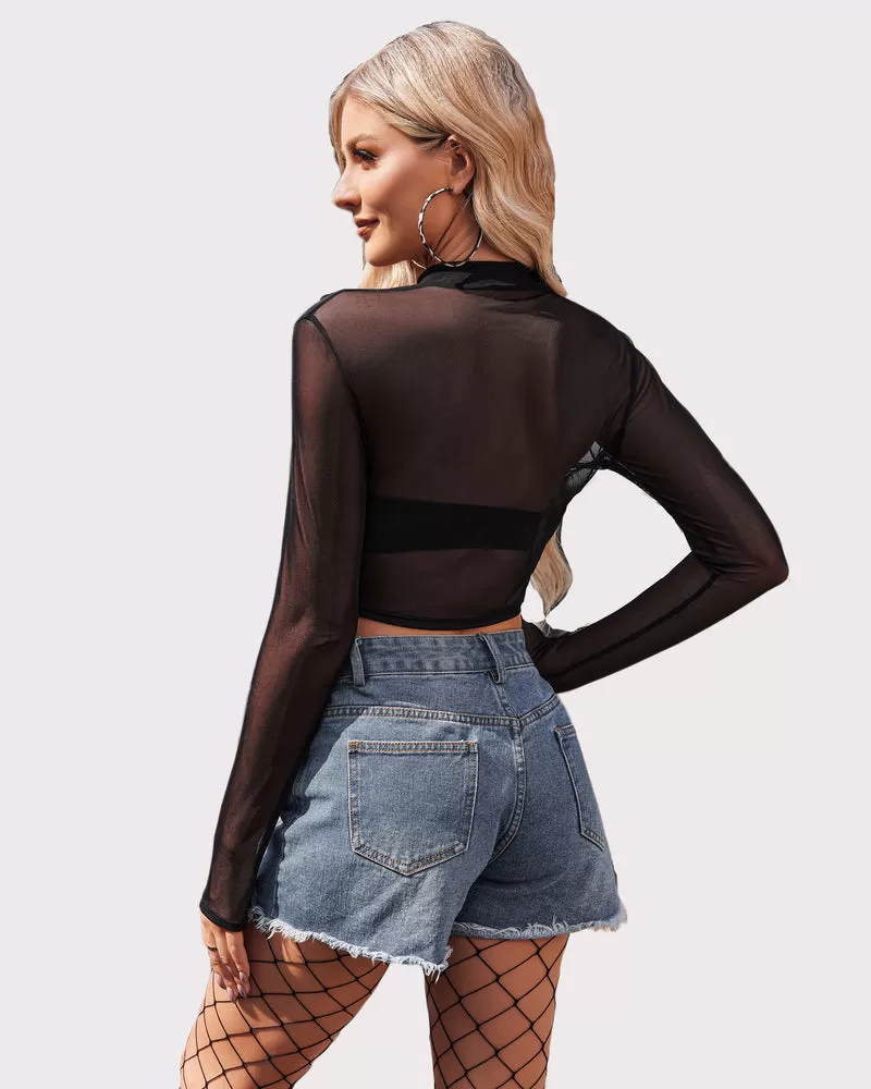 Long Sleeve Mock Neck Mesh Crop Top