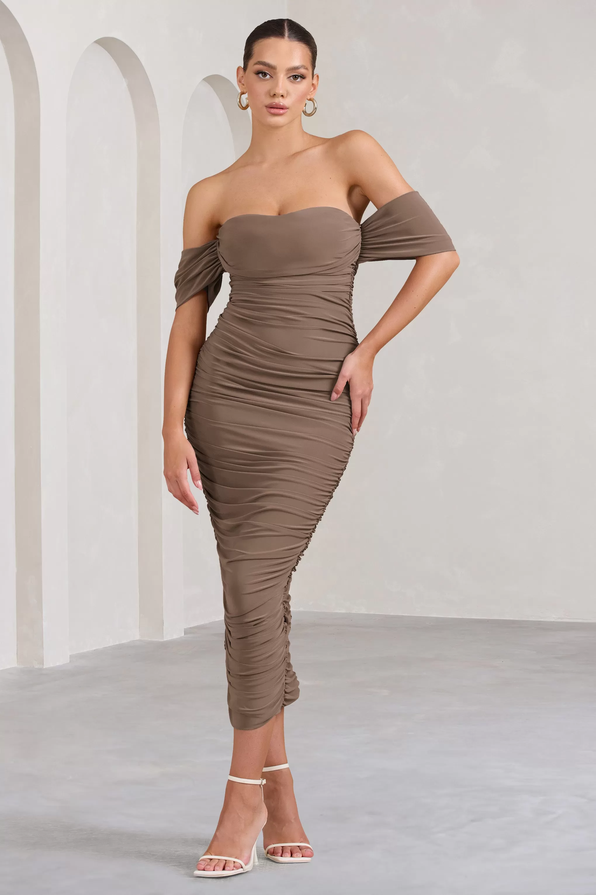 Lost For Words | Mocha Bardot Ruched Draped Midi Dress