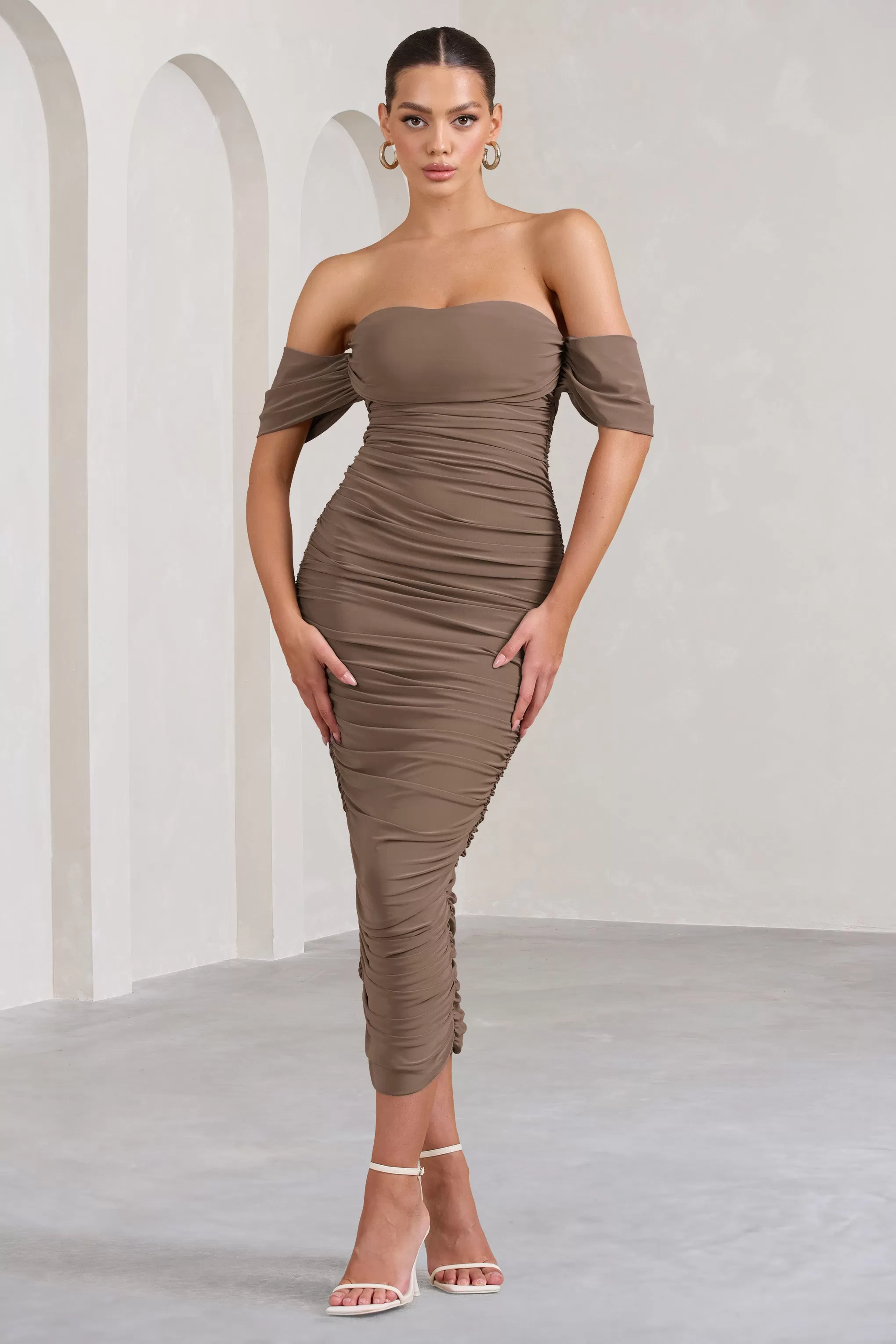 Lost For Words | Mocha Bardot Ruched Draped Midi Dress