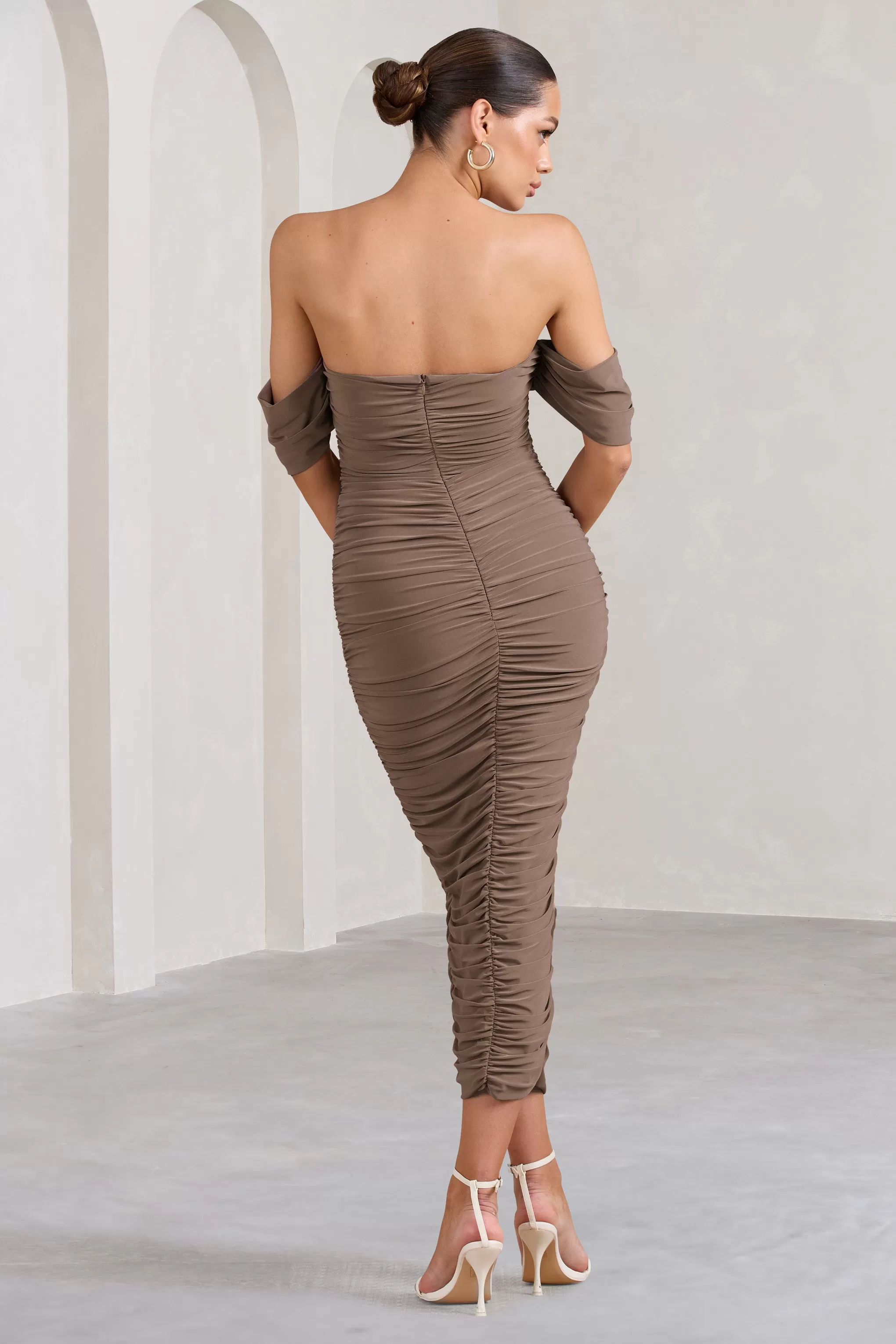 Lost For Words | Mocha Bardot Ruched Draped Midi Dress