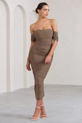 Lost For Words | Mocha Bardot Ruched Draped Midi Dress