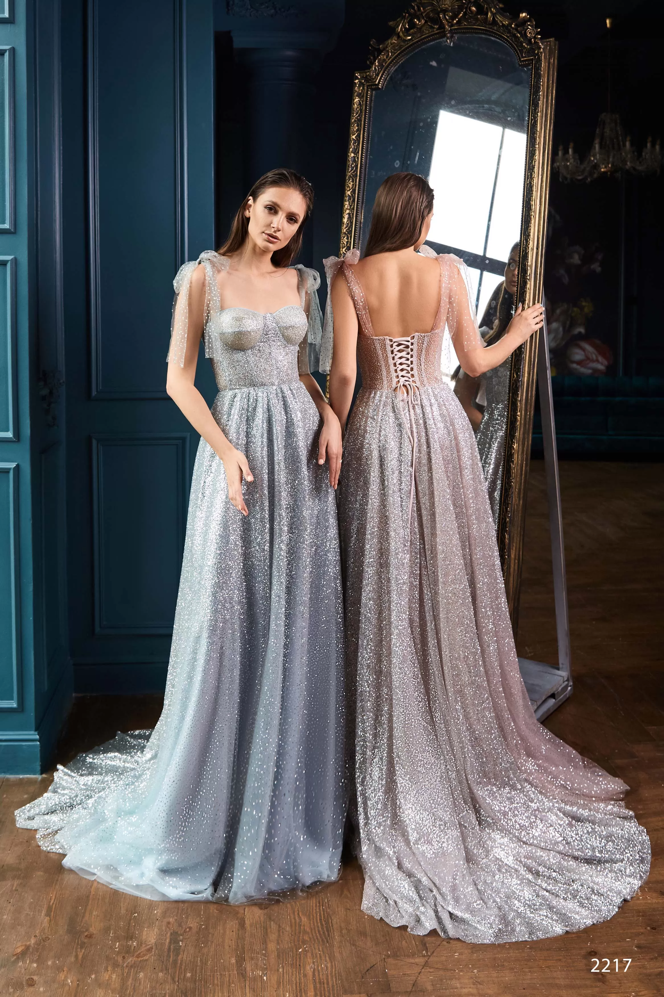 Luna * Lace up Back Prom Dress in Silver Blue or Powder