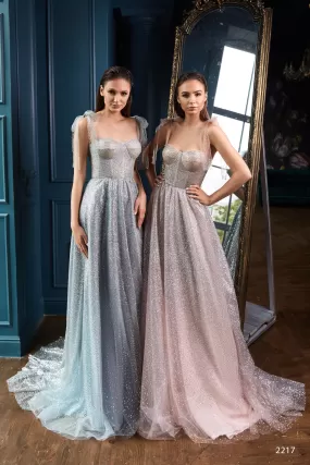 Luna * Lace up Back Prom Dress in Silver Blue or Powder