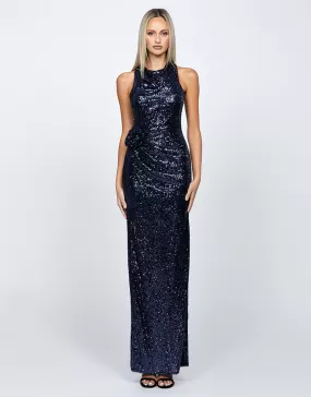 LYRA HALTER NECK RUCHED SEQUIN GOWN B68D11L