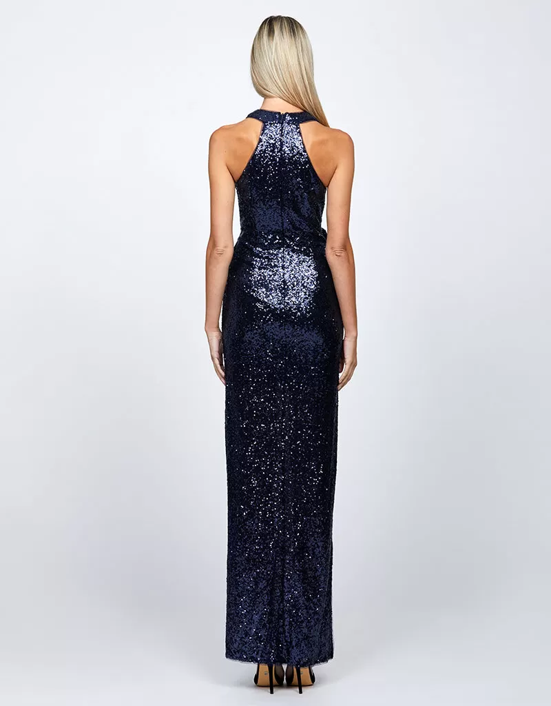 LYRA HALTER NECK RUCHED SEQUIN GOWN B68D11L