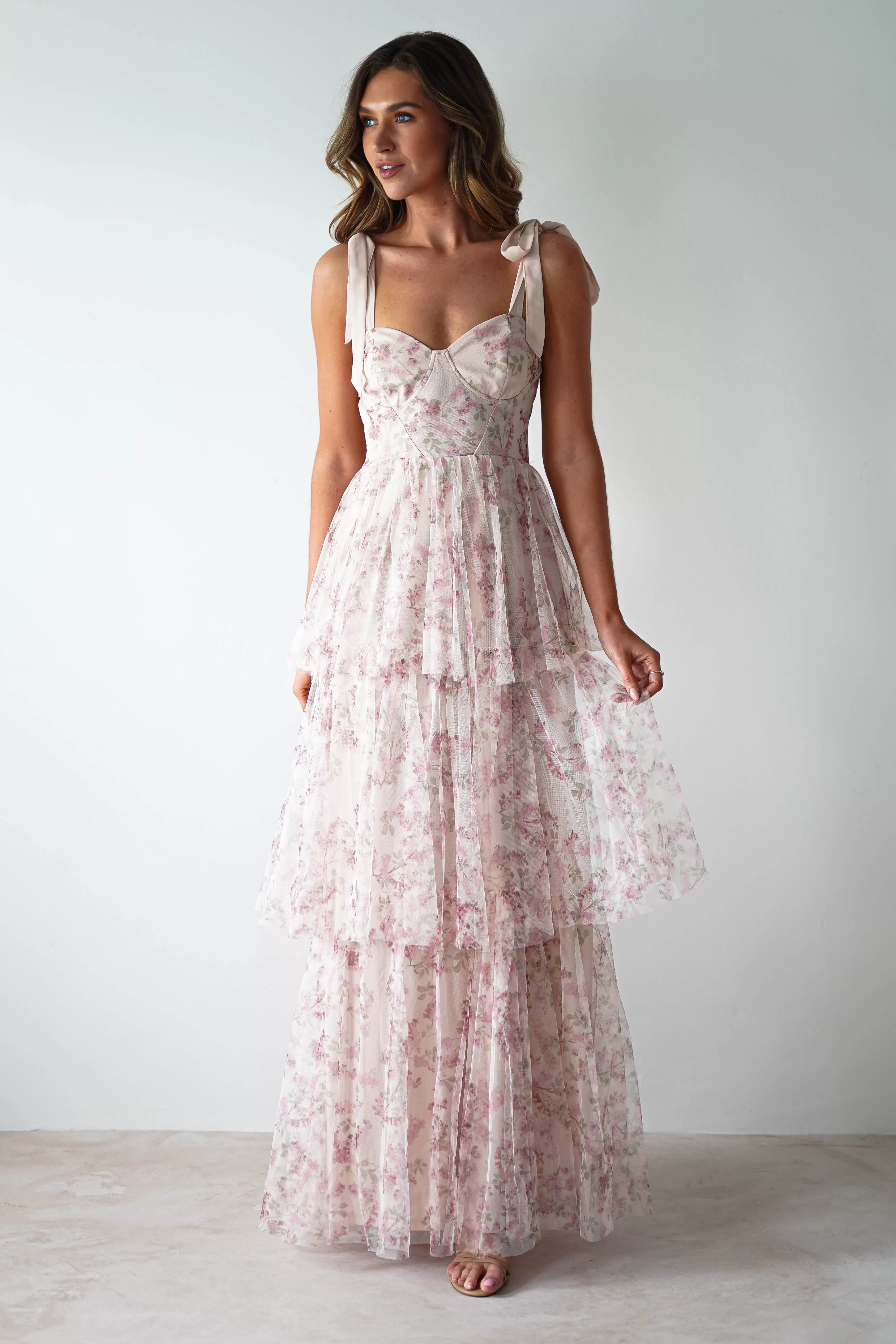 Maribella Tulle Floral Maxi Dress | Cream