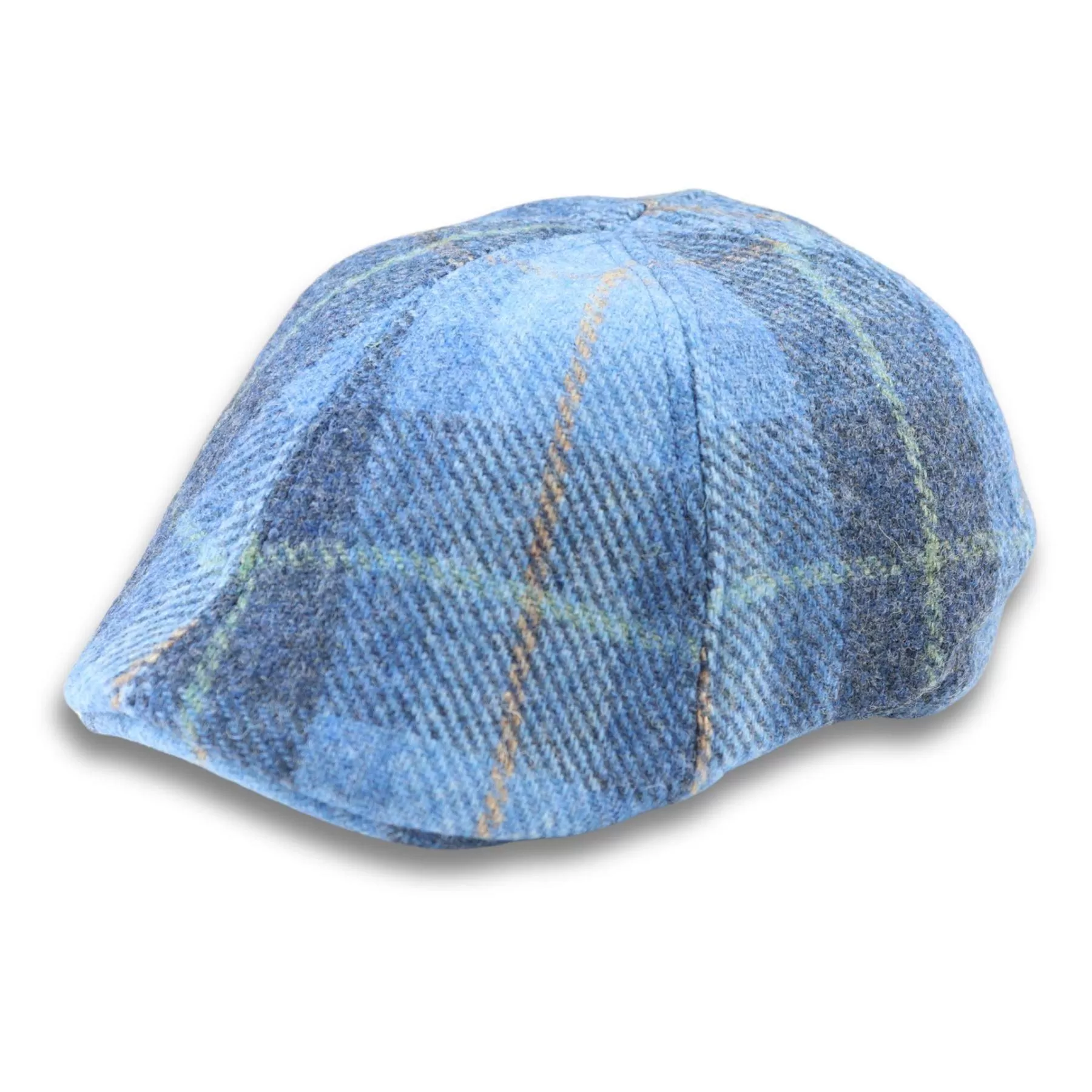 Men's Duckbill Cap 100% Wool Tweed Blue Check Gatsby Peaked Ivy 6 Panel Hat