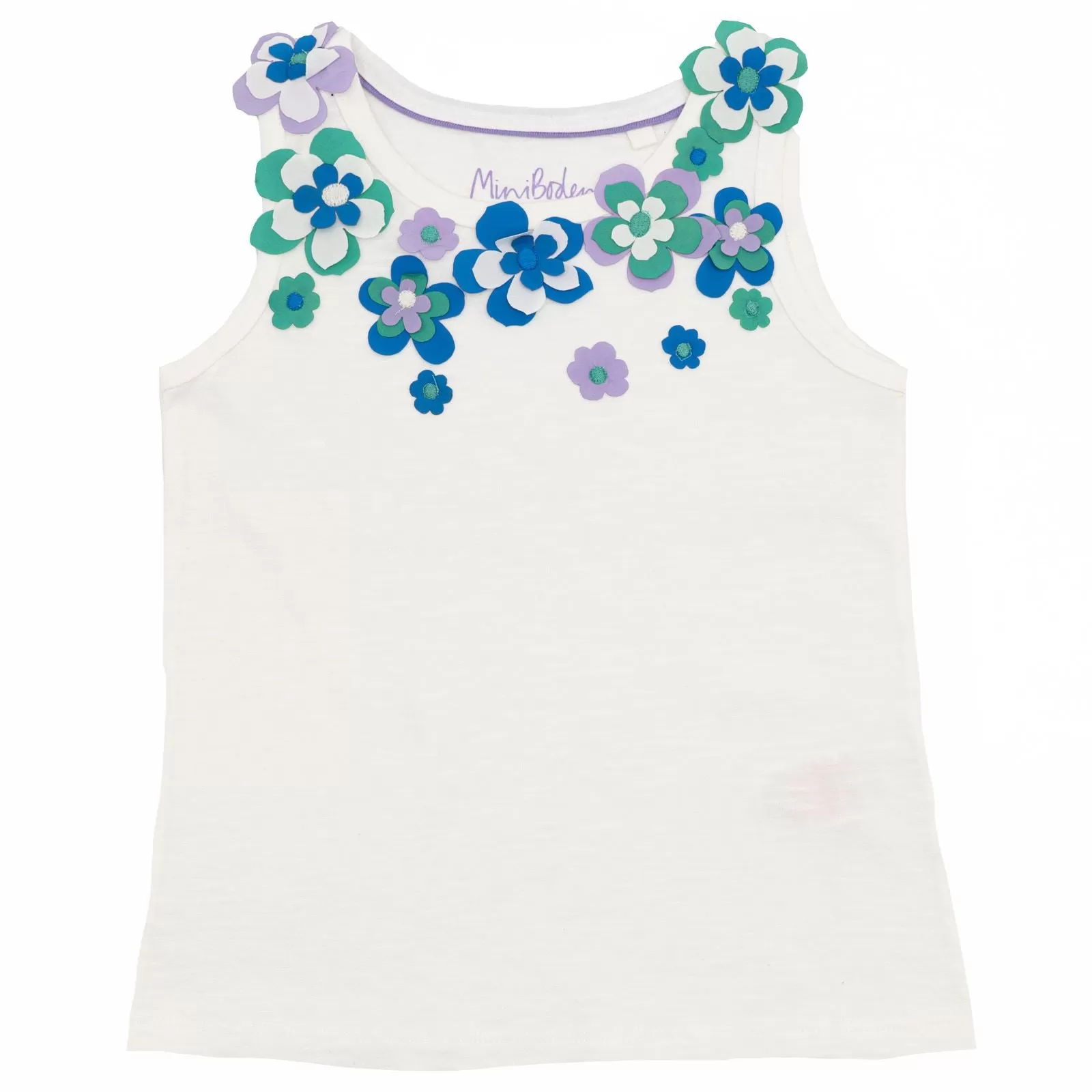 Mini Boden Girls T-Shirts White with Floral Aplique Sleeveless Summer Vest Tops