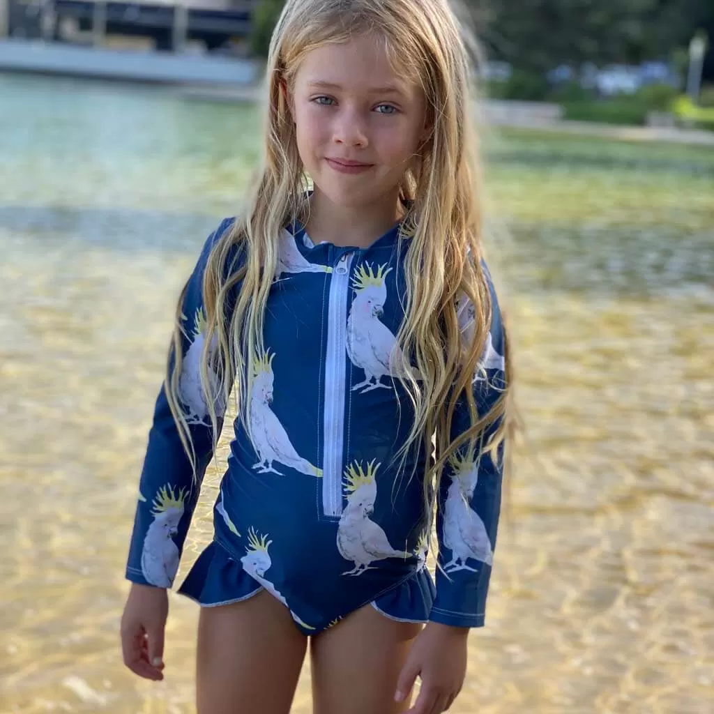 Navy Cockatoo Girls Long Sleeve Zip Swimmers