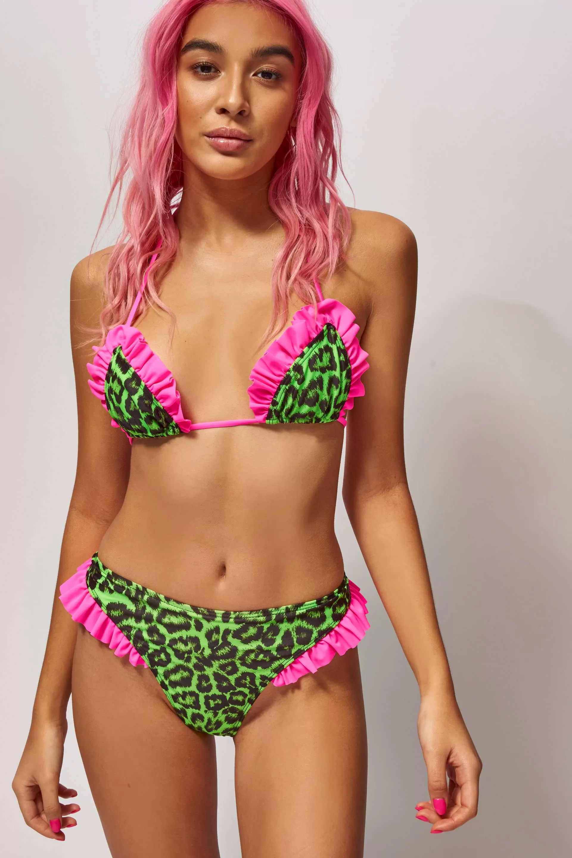 Neon Green Leopard Print Frill Triangle Bikini Top