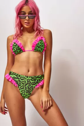 Neon Green Leopard Print Frill Triangle Bikini Top