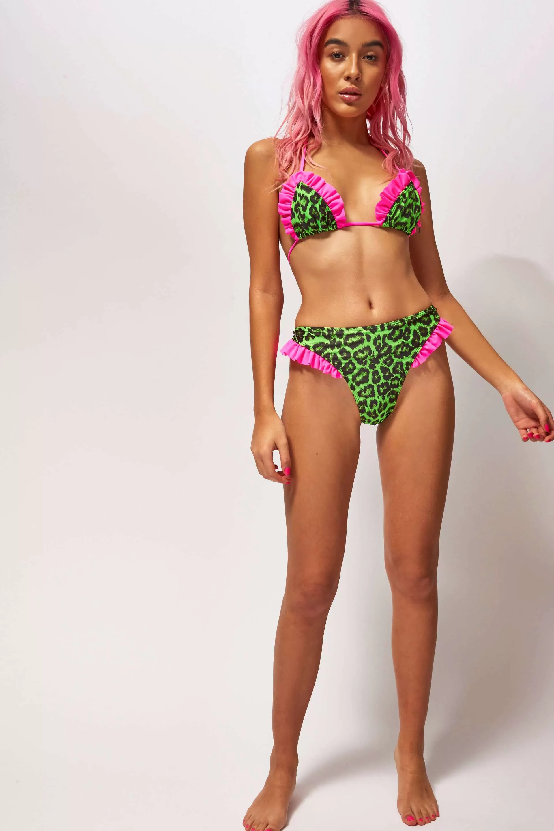 Neon Green Leopard Print Frill Triangle Bikini Top