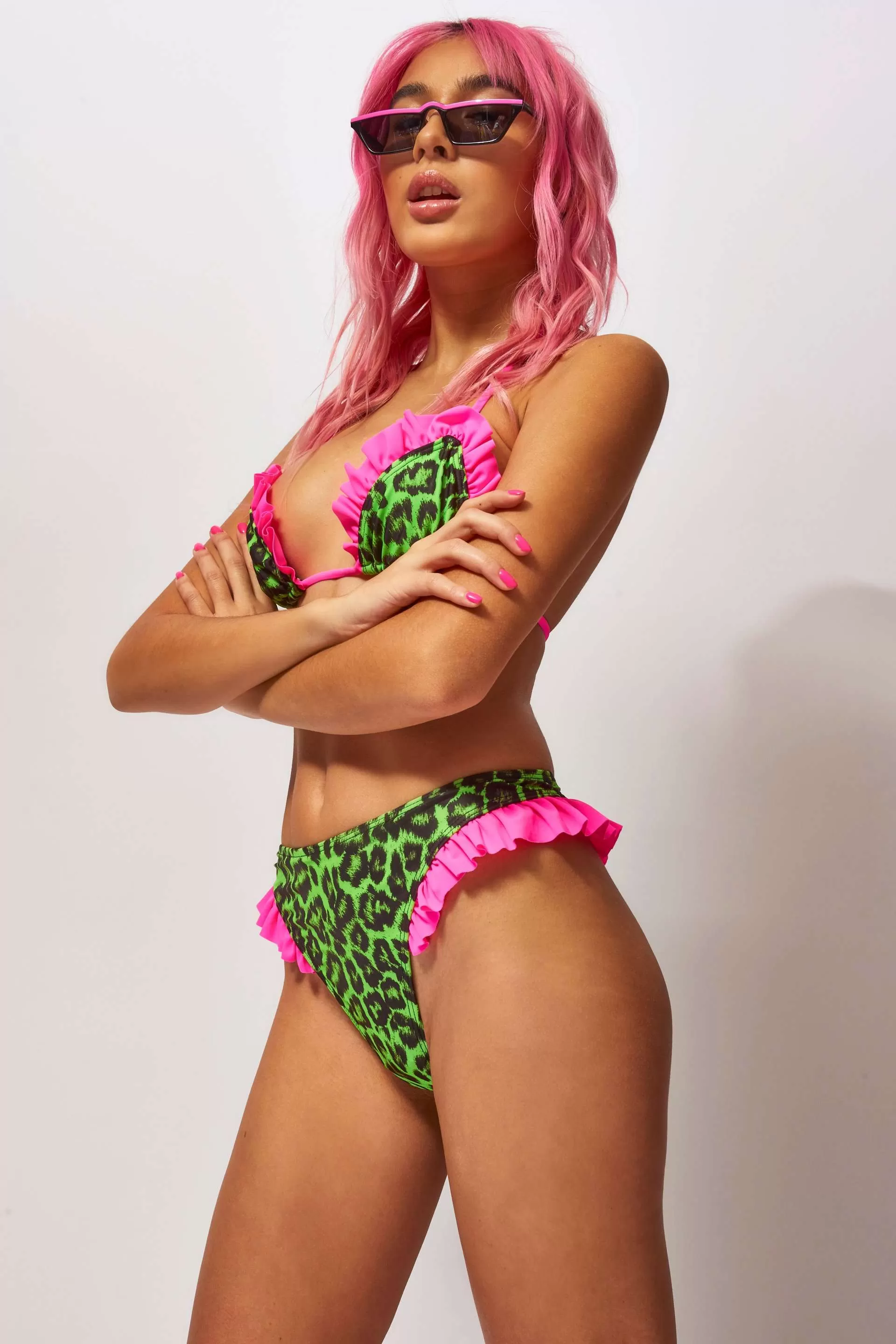 Neon Green Leopard Print Thong Bikini Bottoms