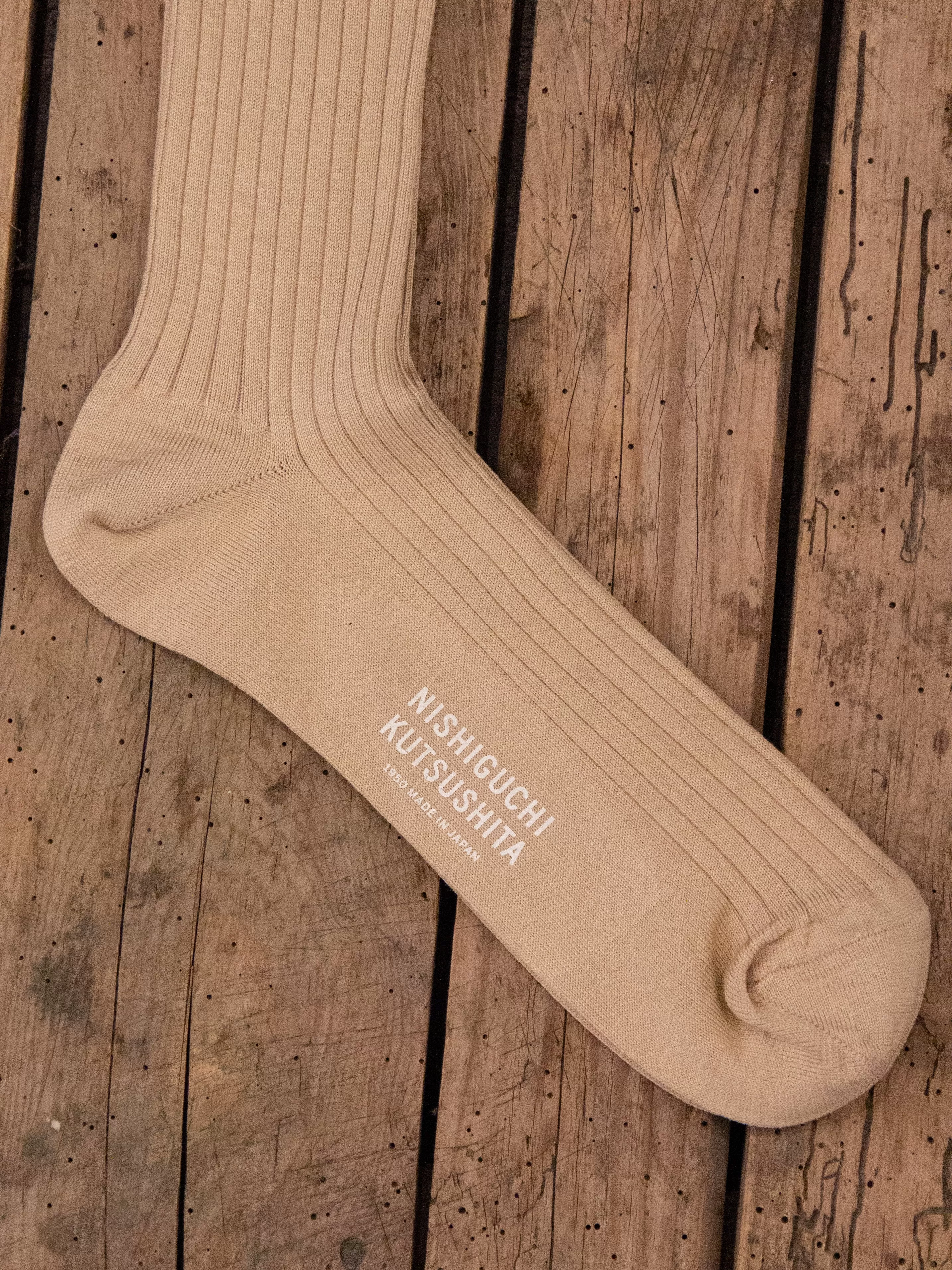 Nishiguchi Kutsushita, Silk Cotton Ribbed Socks, Beige