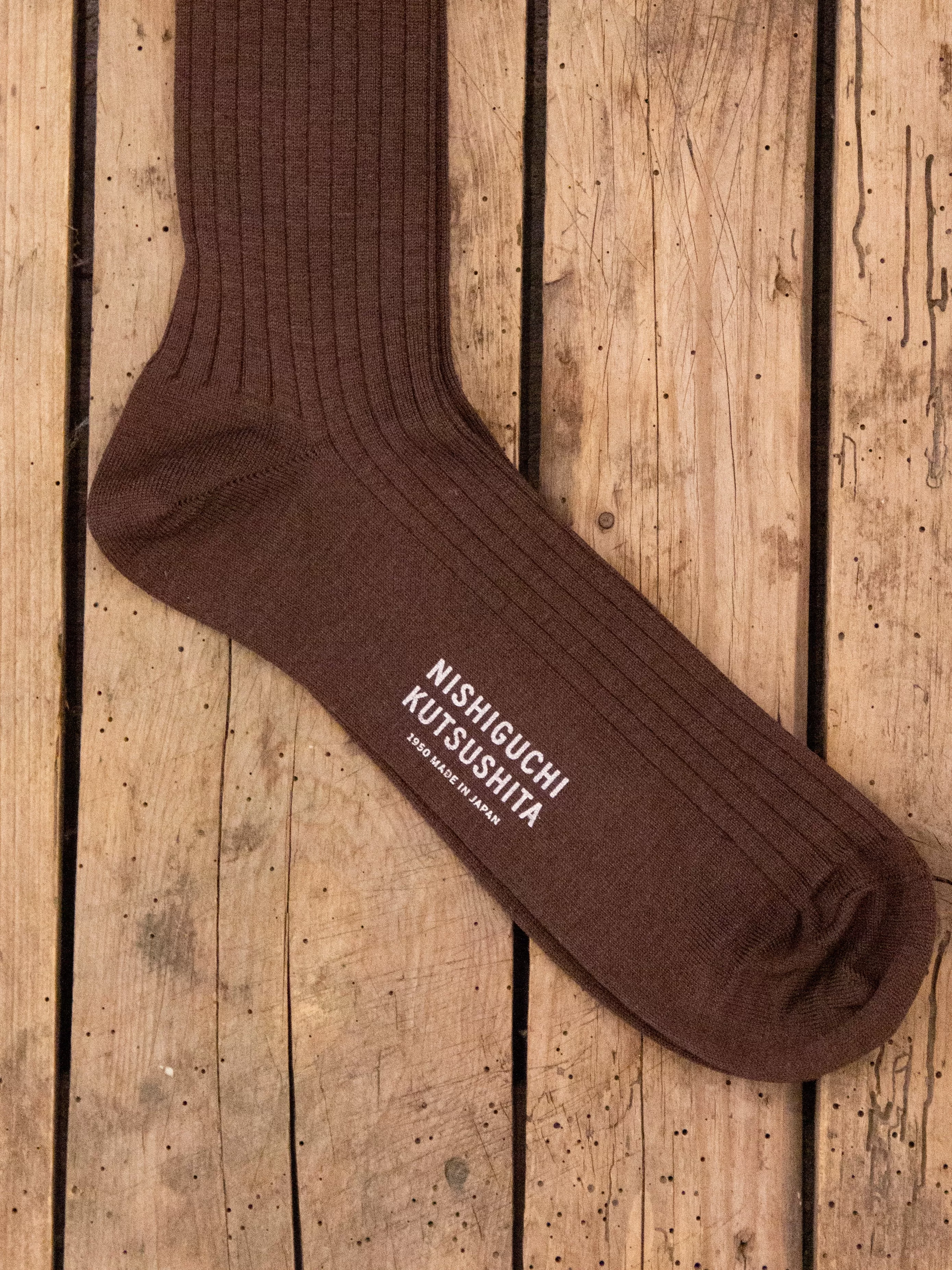 Nishiguchi Kutsushita, Silk Cotton Ribbed Socks, Brown