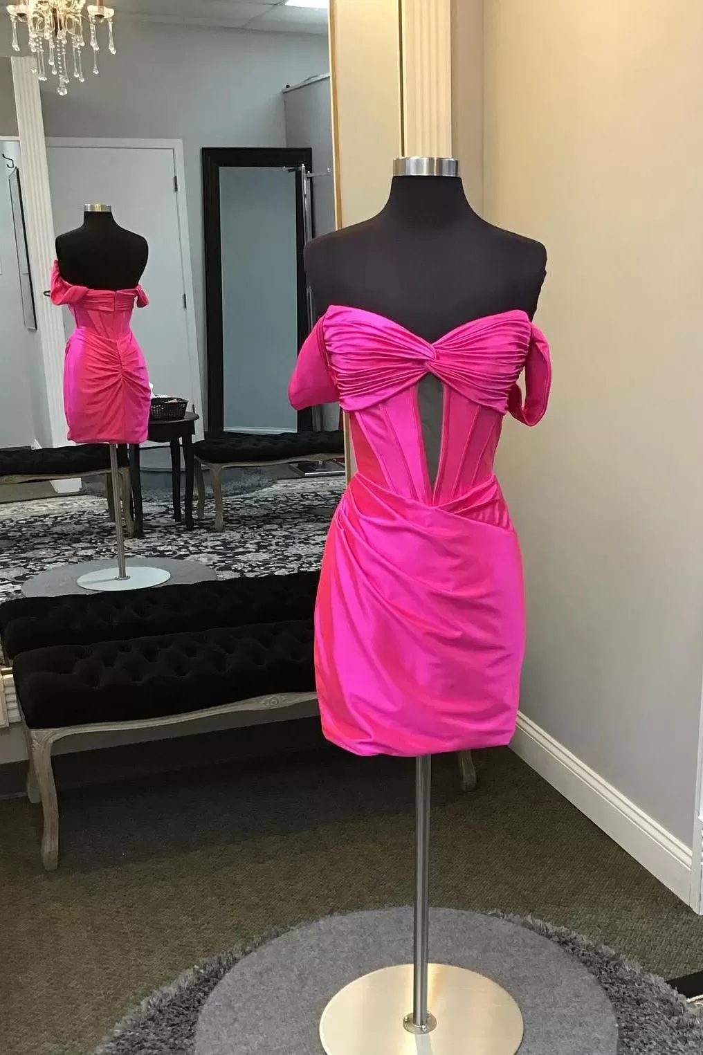 Off the Shoulder Hot Pink Ruched Short Dress