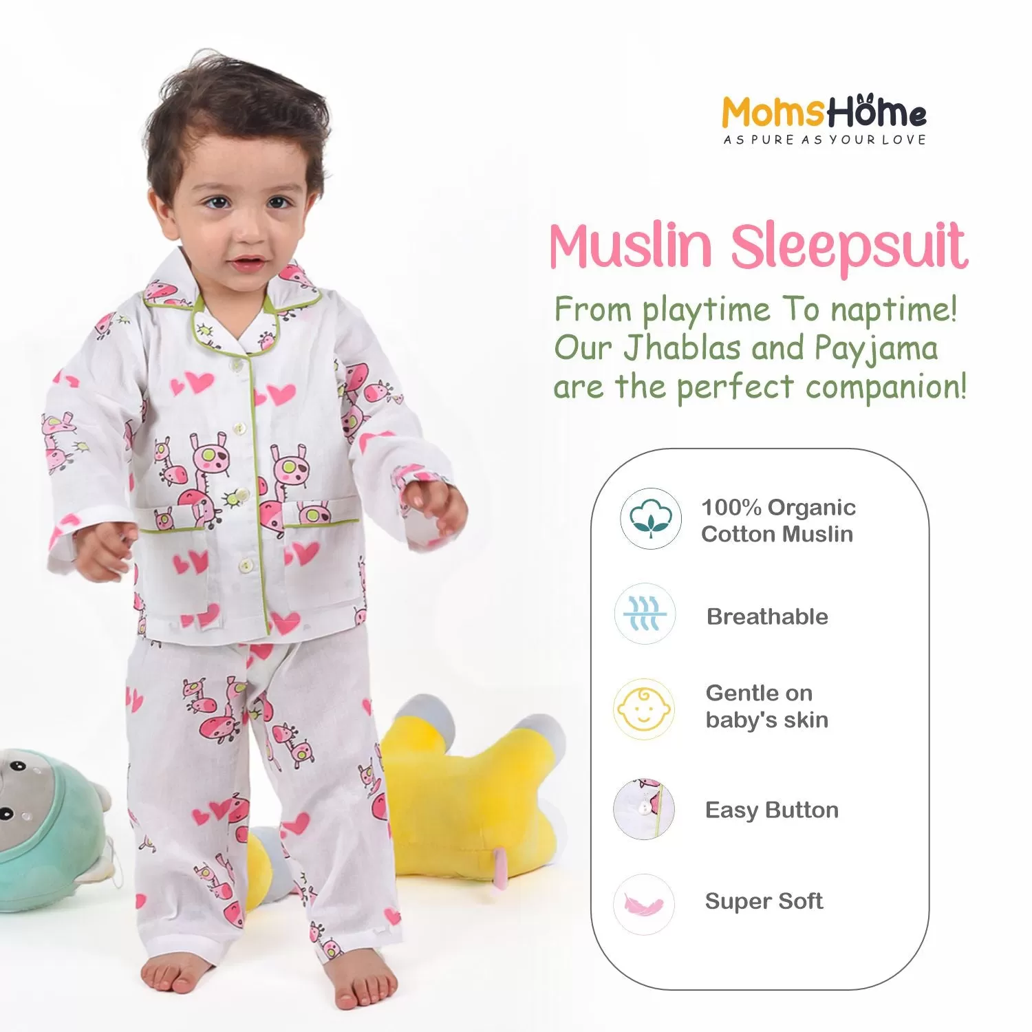 Organic Cotton Unisex Kids Pajama Set Combo | Night Suit | Sleepwear | Pink Giraffe