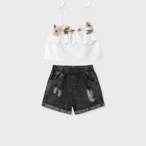 PP-2pcs Baby Girl 100% Cotton Floral Design Cami Top and Ripped Denim Shorts Set PP115