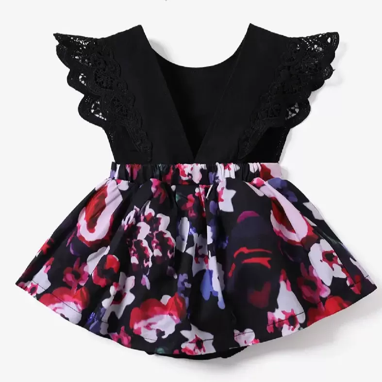 PP-2pcs Baby Girl Lace Flutter Sleeve Floral Print Romper With Headband Set PP88