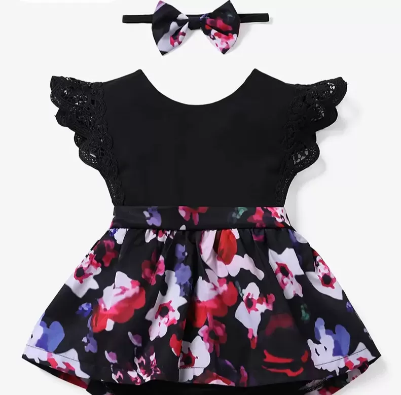 PP-2pcs Baby Girl Lace Flutter Sleeve Floral Print Romper With Headband Set PP88