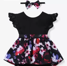 PP-2pcs Baby Girl Lace Flutter Sleeve Floral Print Romper With Headband Set PP88