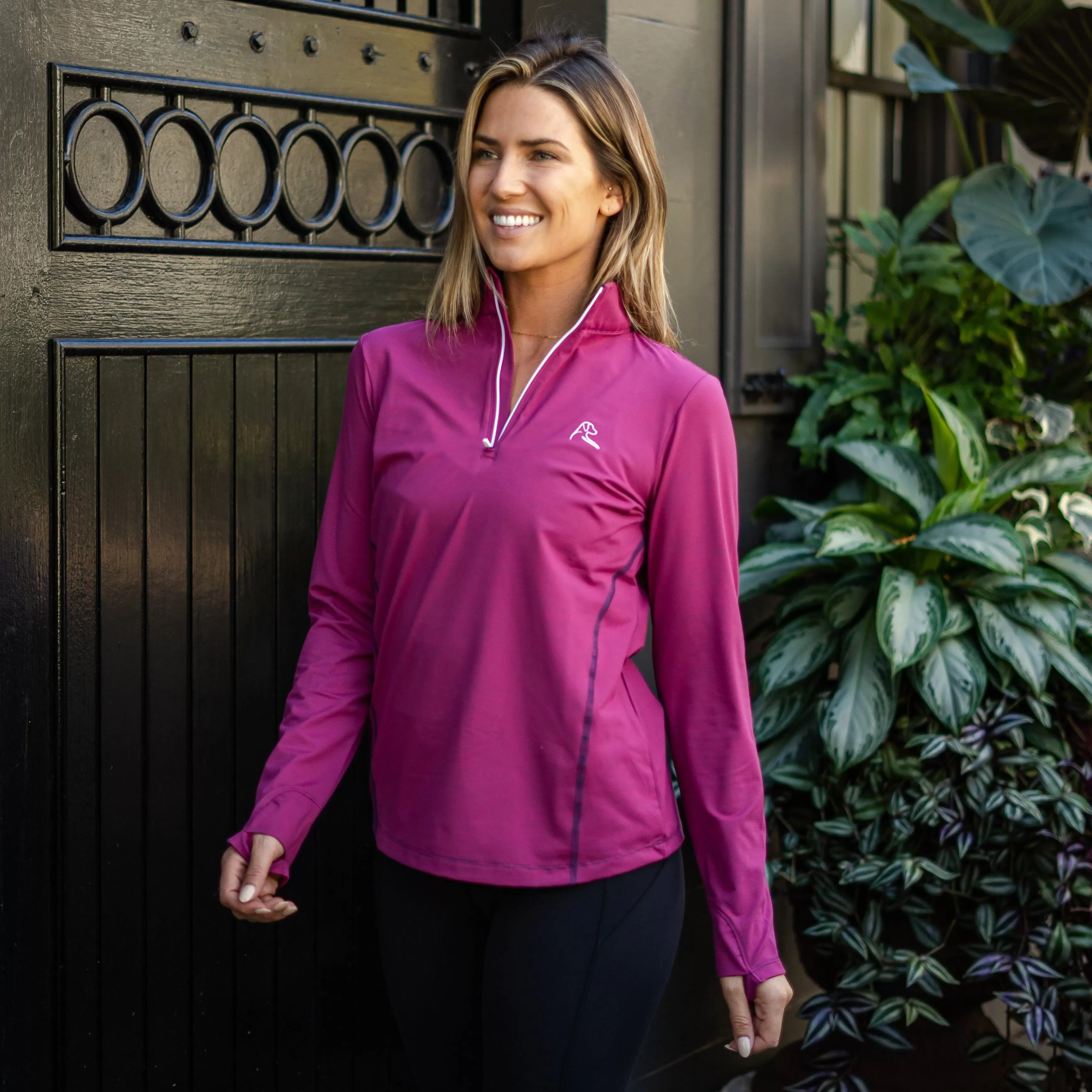 Riva Heather Stripe Performance Q-Zip | The Riva Heather Stripe - Raspberry/Midnight Blue