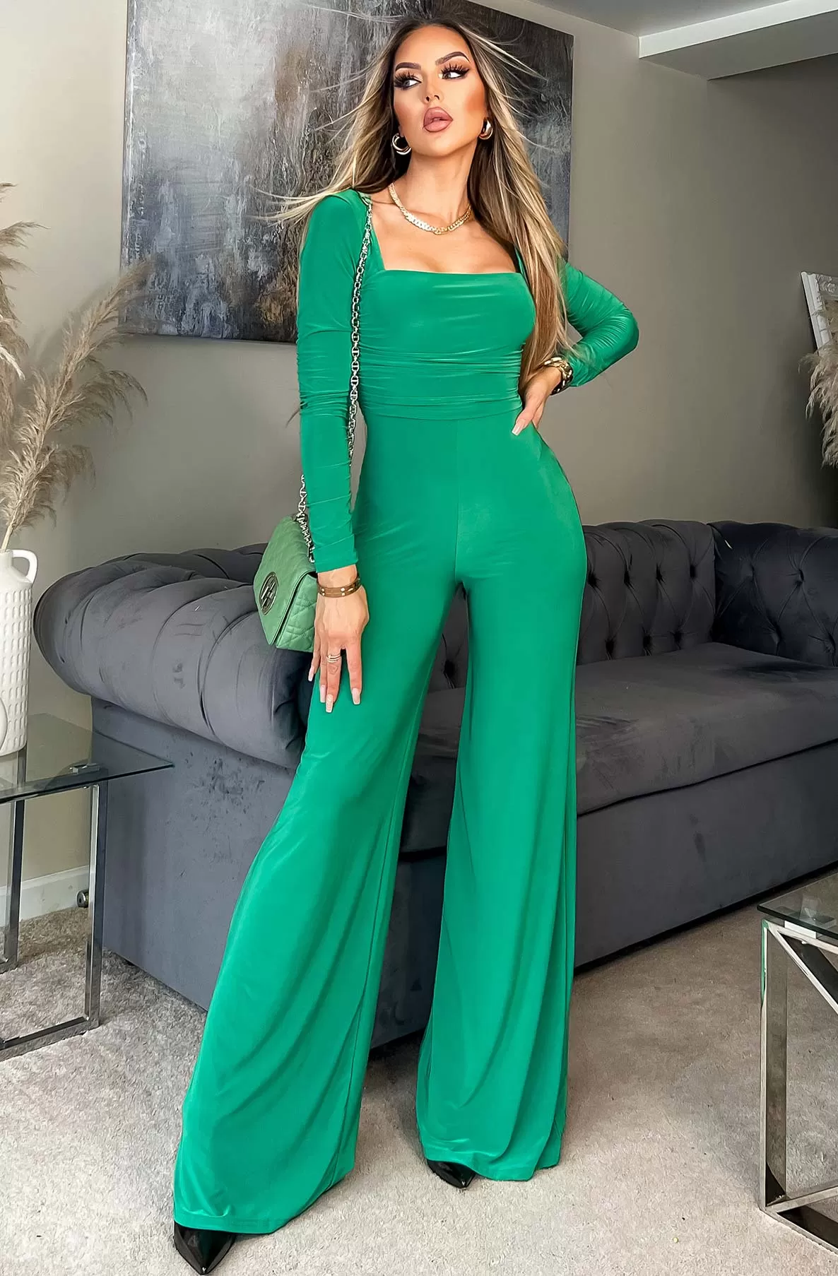 Stefania Ruched Wide Leg Jumpsuit-Green