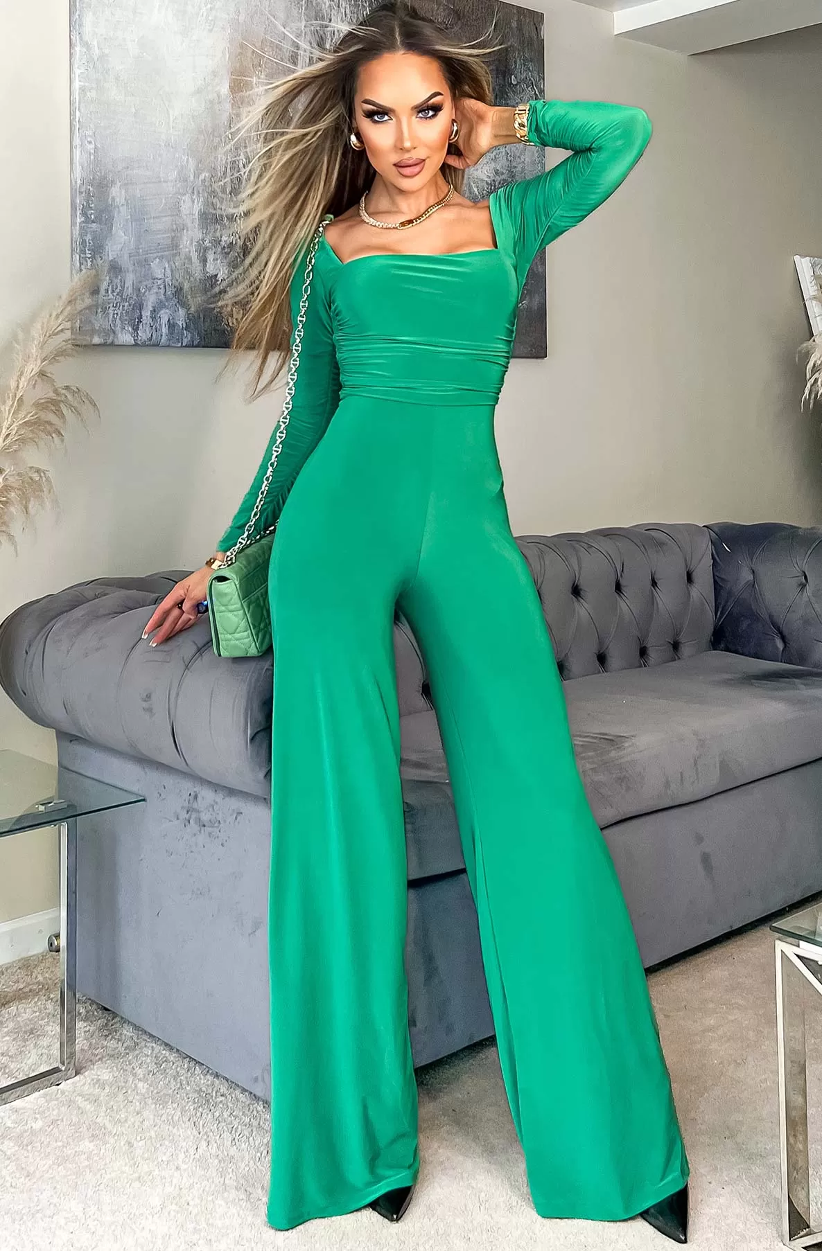 Stefania Ruched Wide Leg Jumpsuit-Green