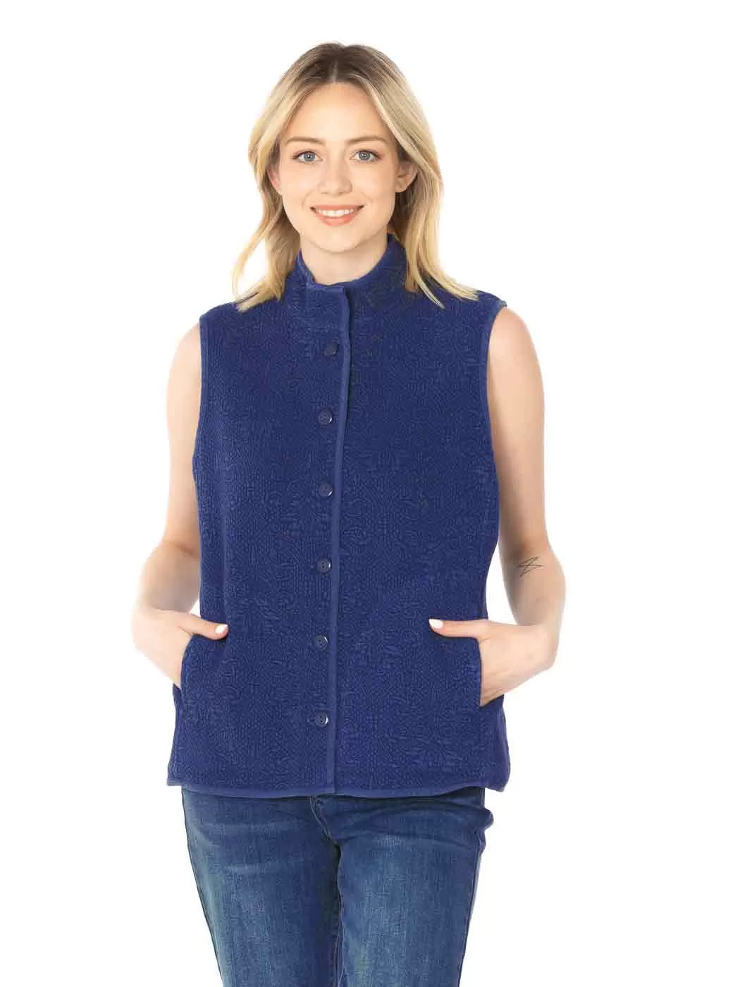 Tianello TENCEL™ "Vine" Cotton Jacquard Sleeveless "Oxford" Vest Jacket with Side Pockets