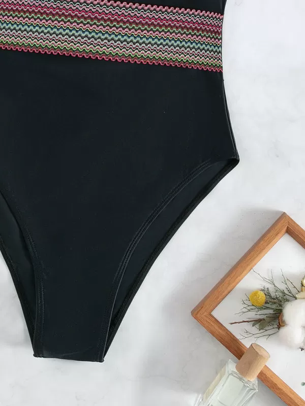 Women's Sexy Black Swimsuit With Striped Waistband