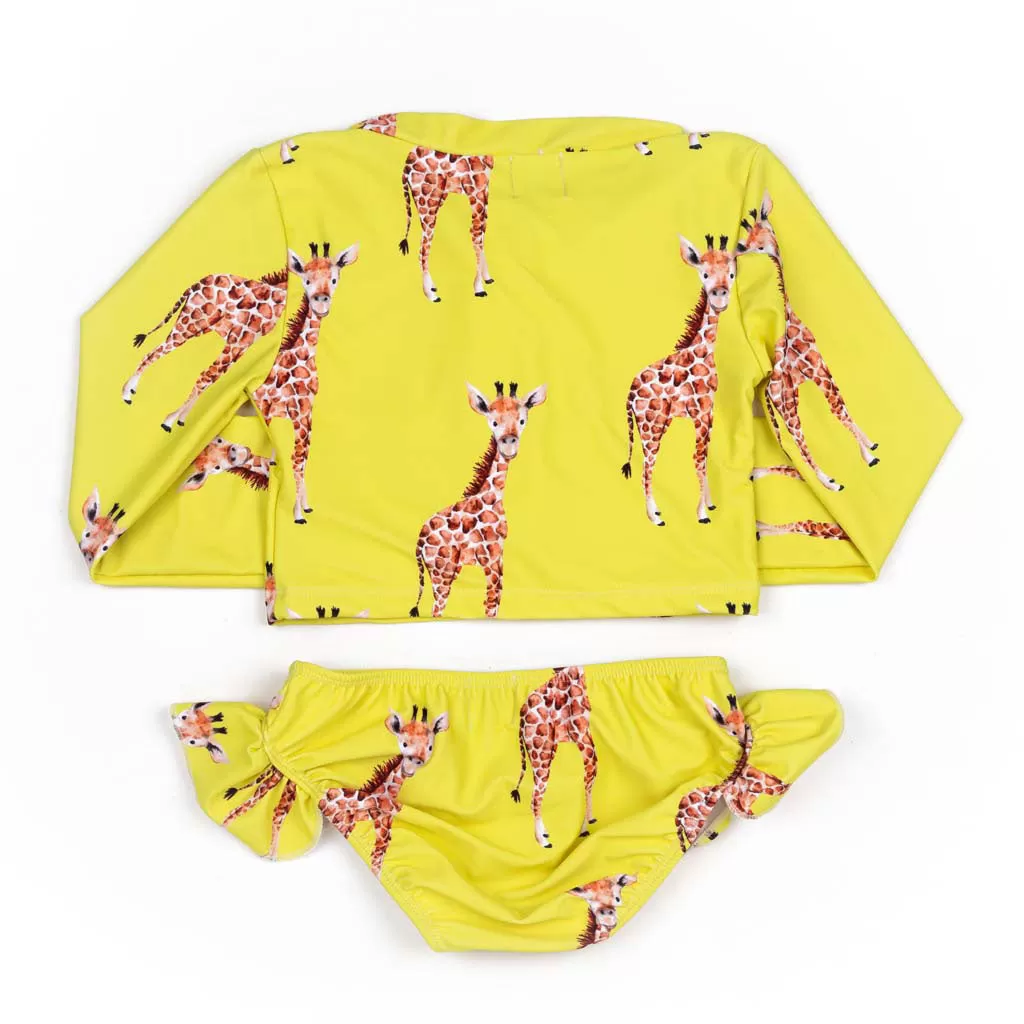 Yellow Giraffe Girls Long Sleeve Two Piece Zip Swimmers