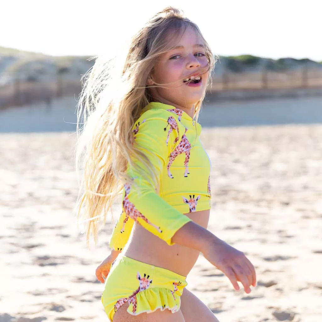 Yellow Giraffe Girls Long Sleeve Two Piece Zip Swimmers